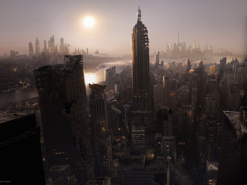 Ruined City Skyline — Gray, Apocalyptic, Sunset, Digital Art, Skyscraper