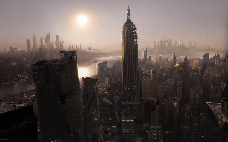 Ruined City Skyline — Gray, Apocalyptic, Sunset