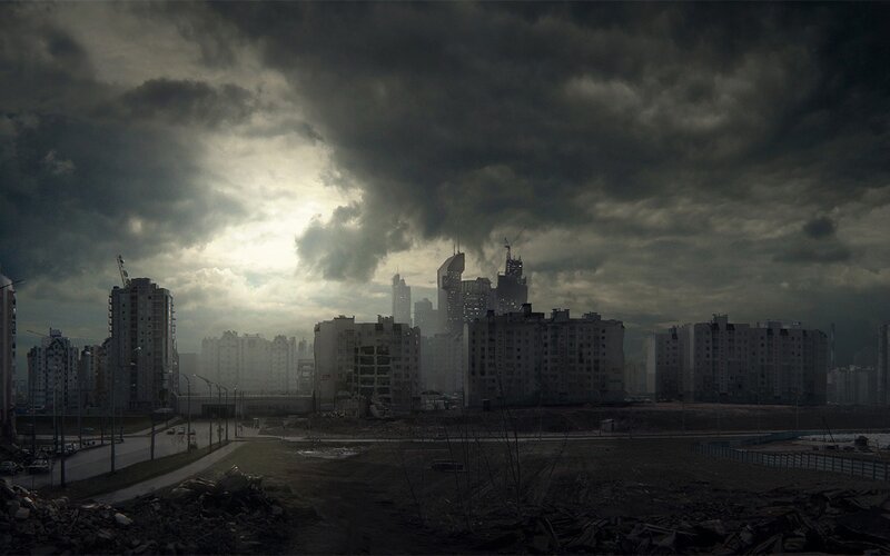 Ruined City Skyline — Gray, Dramatic, Afternoon, Digital Art, Buildings