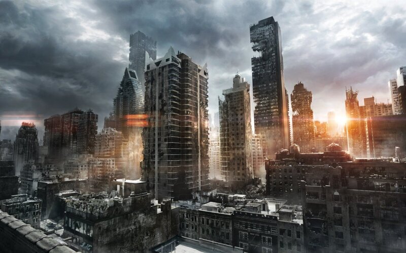 Ruined City Skyline — Gray, Dramatic, Sunrise