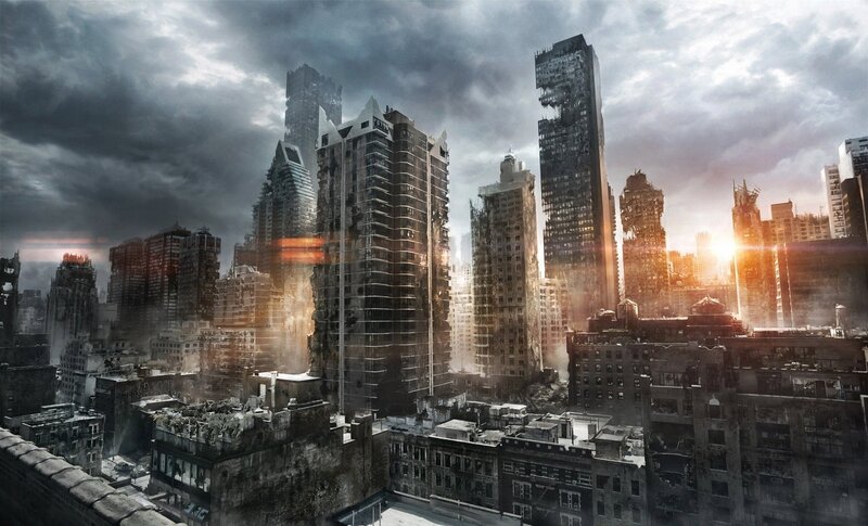 Ruined City Skyline — Gray, Dramatic, Sunset, Digital Art, Skyscrapers, Destruction, Smoke