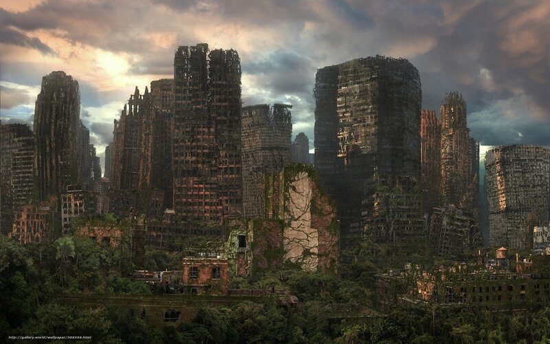 Ruined City Skyline — Gray, Dramatic, Sunset, Digital Art, Skyscrapers