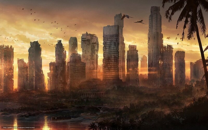 Ruined City Skyline — Orange, Dramatic, Sunset, Digital Art