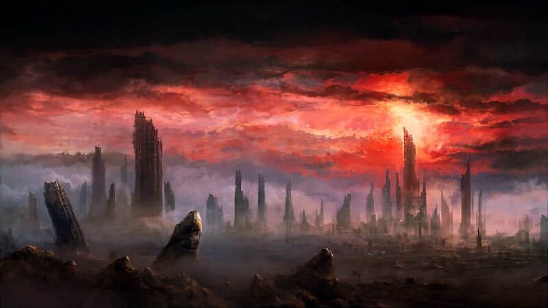 Ruined City Skyline — Red