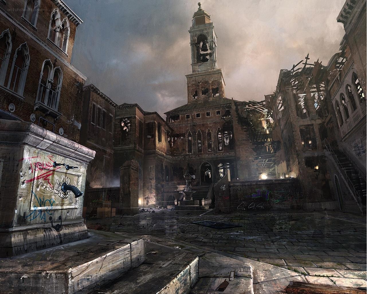 ruined city square with bell tower