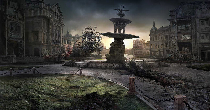 Ruined city square with fountain