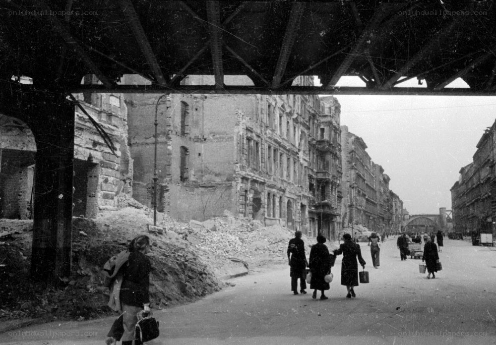 Ruined city street after war