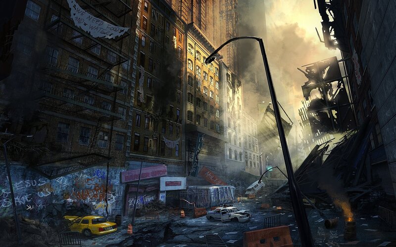 Ruined City Street — Gray, Apocalyptic, Afternoon, Digital Art