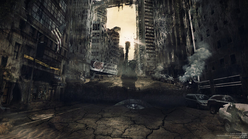 Ruined City Street — Gray, Apocalyptic, Sunset