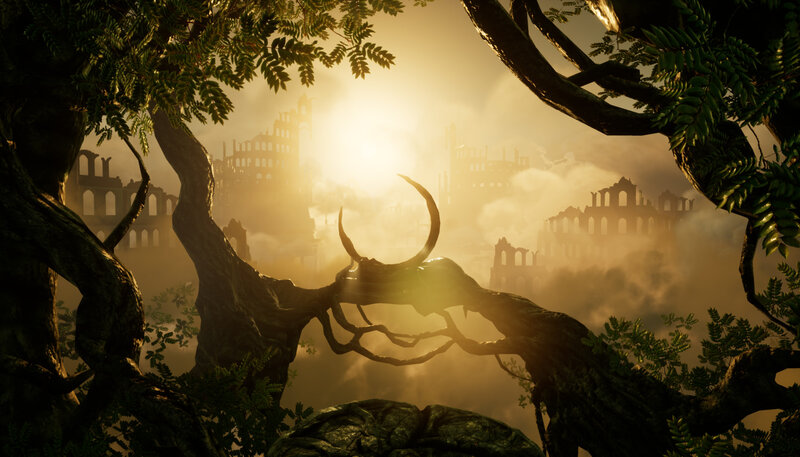 Ruined City Through Trees
