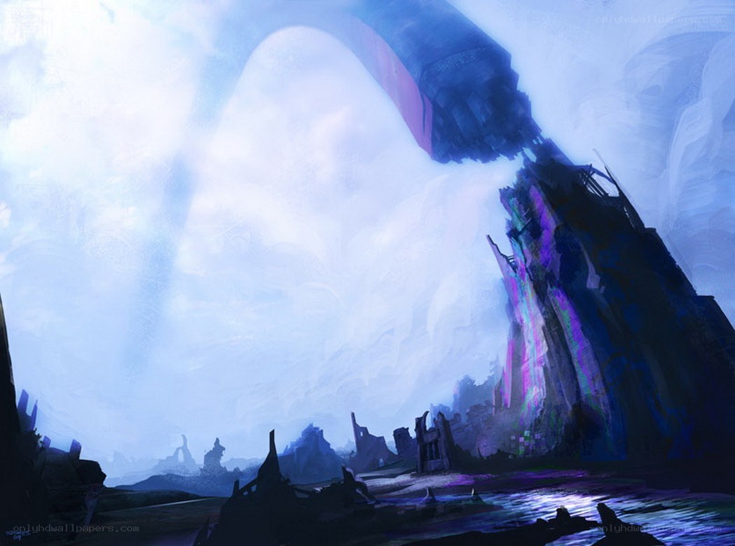 ruined city under glowing arch
