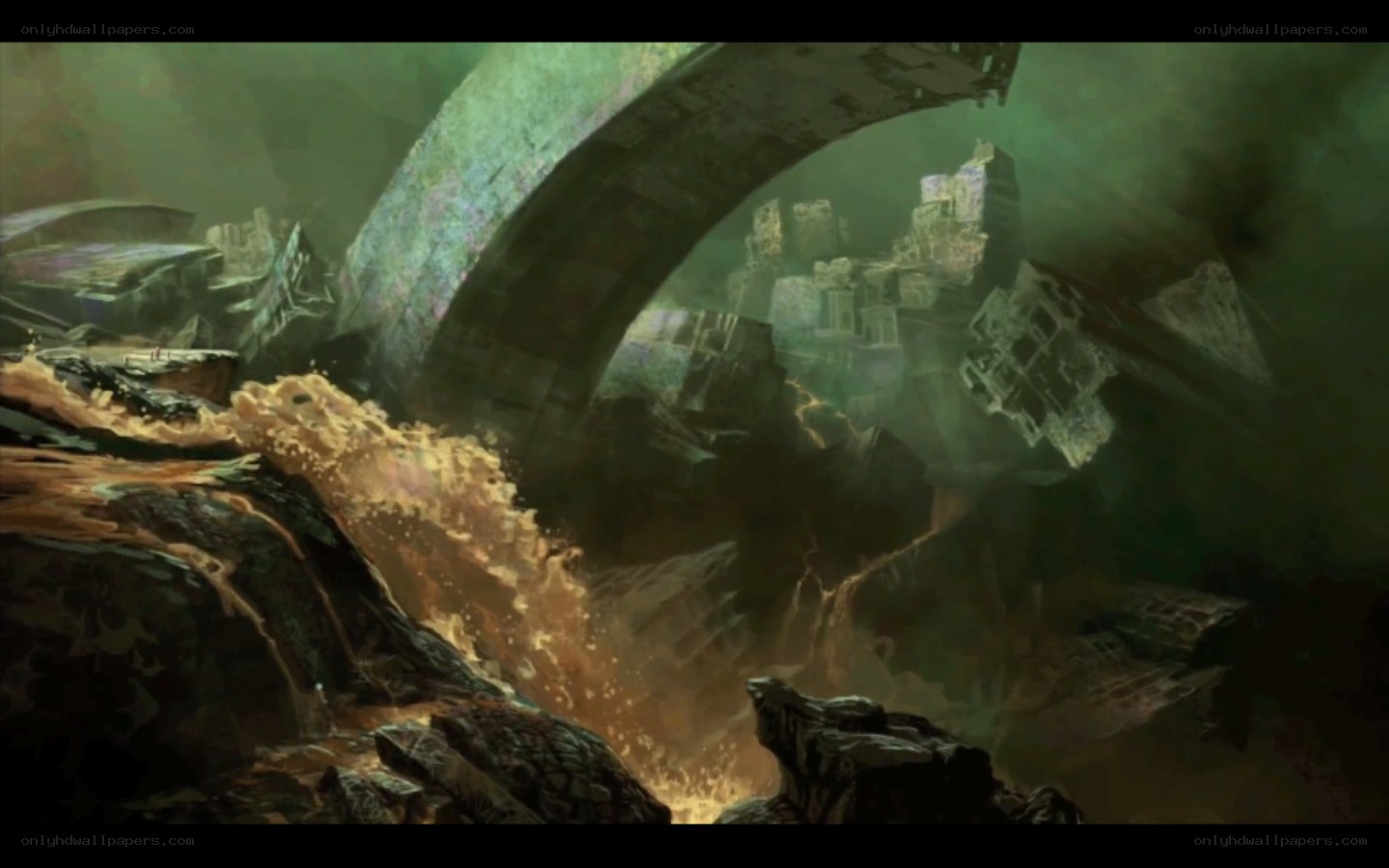 ruined city under green light