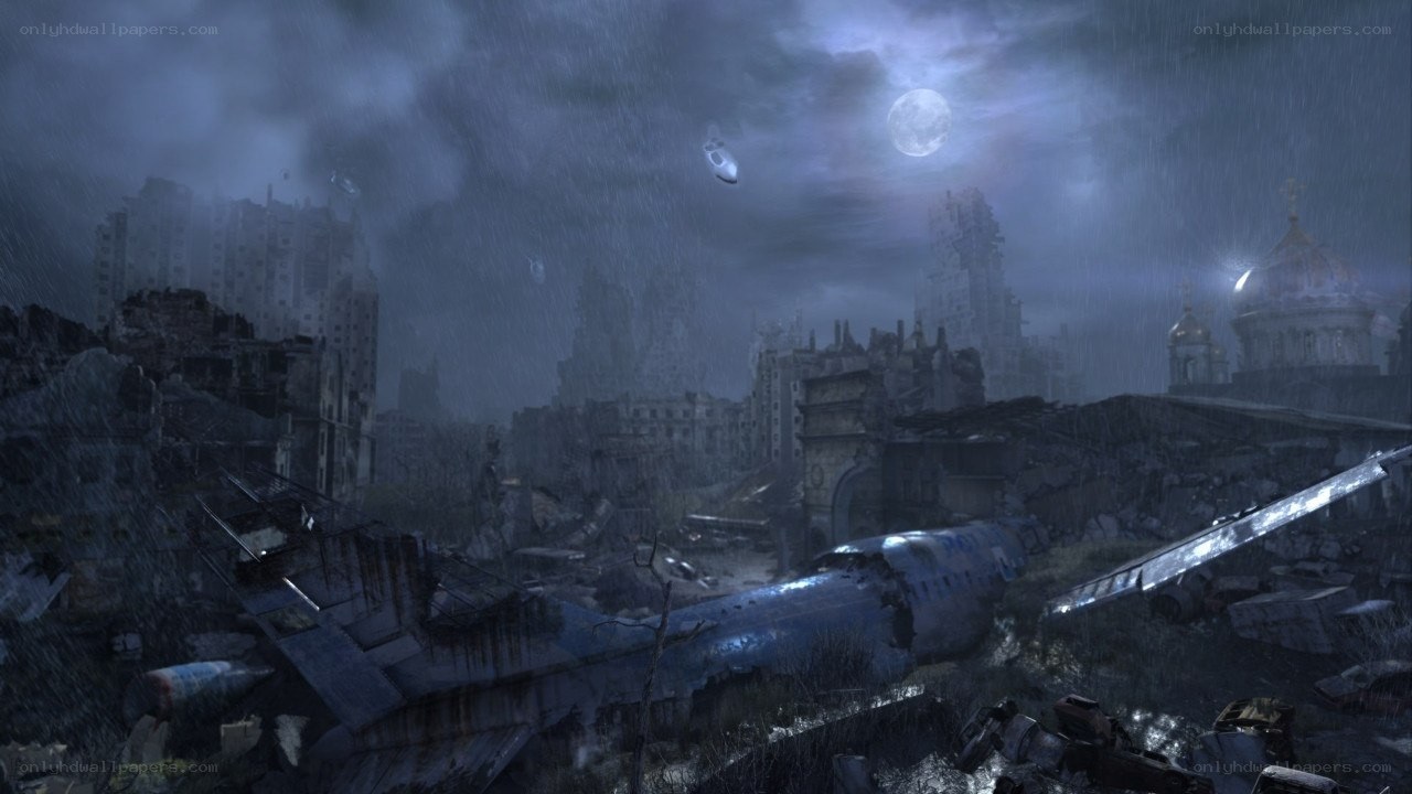ruined city under moonlight