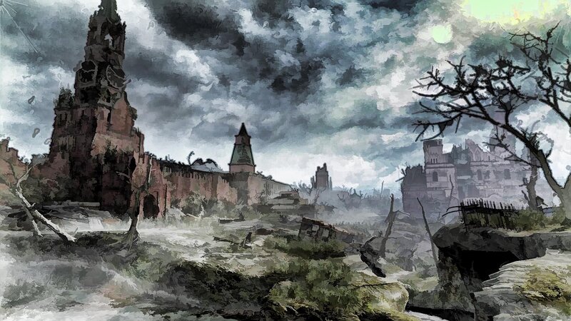 ruined city under stormy sky