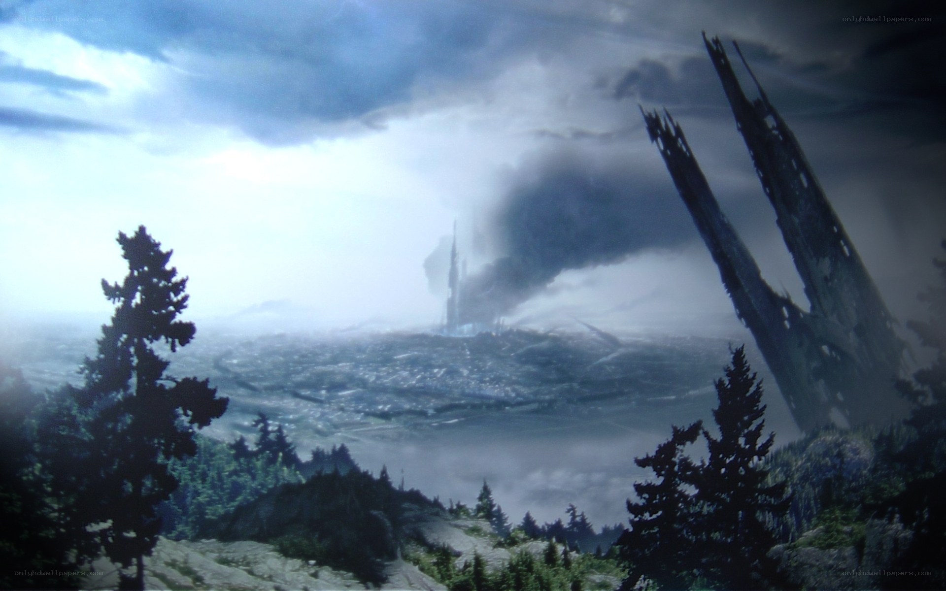 ruined city under stormy sky