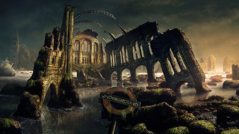 Ruined City Underwater — Green, Dramatic