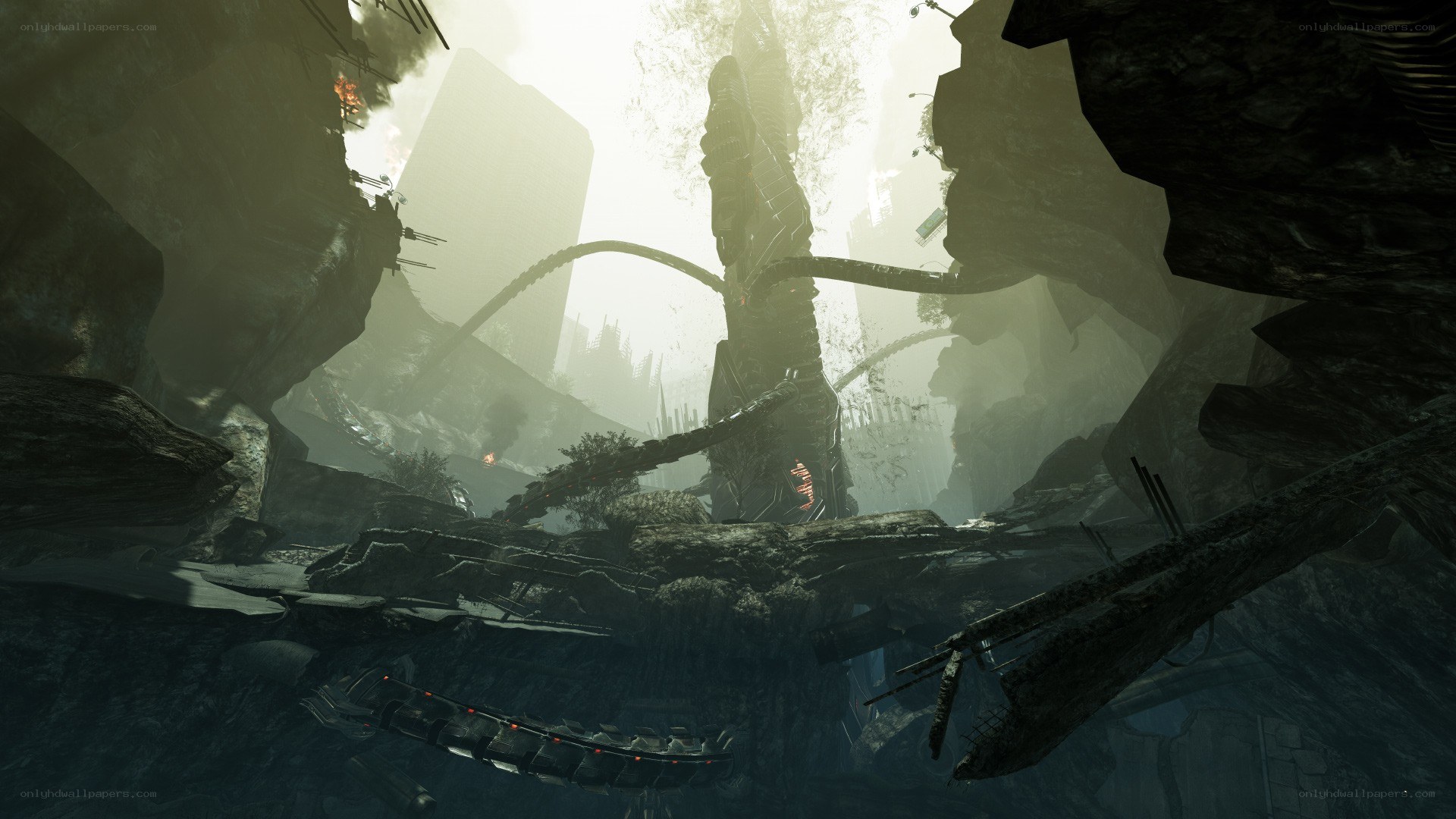ruined city with alien structures