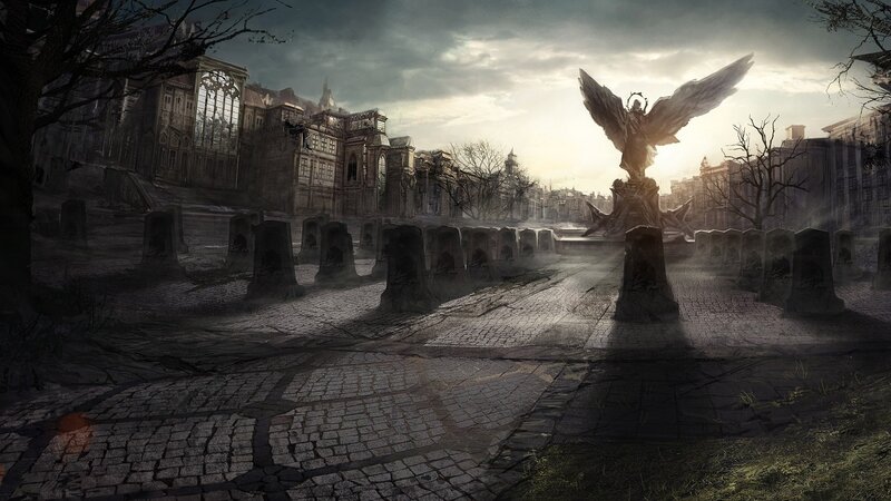 ruined city with angel statue