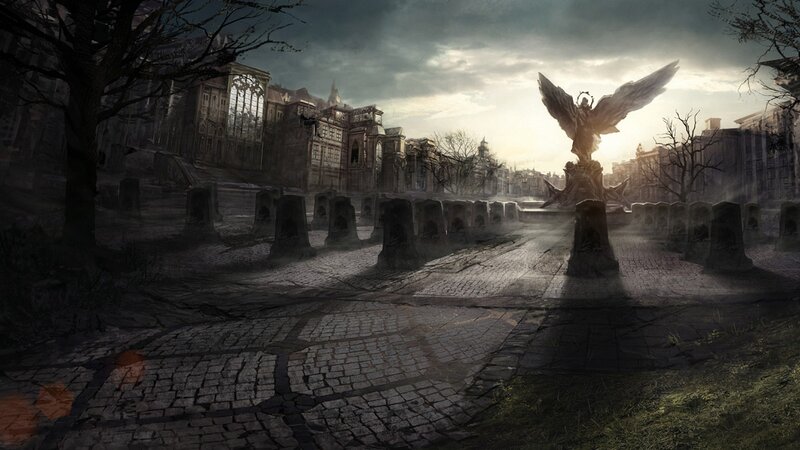 ruined city with angel statue