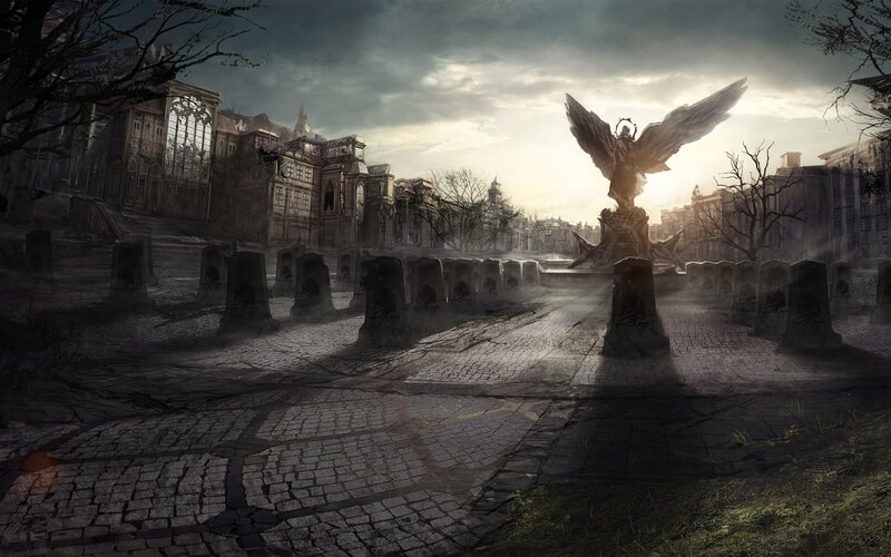 Ruined city with angel statue