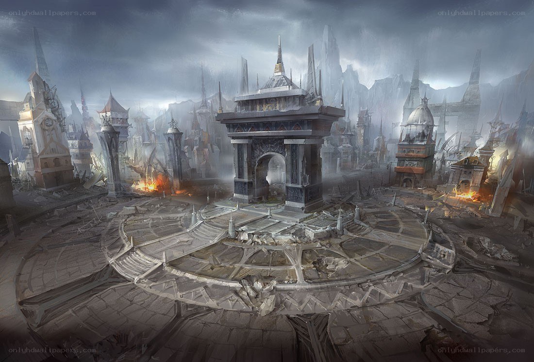ruined city with arch