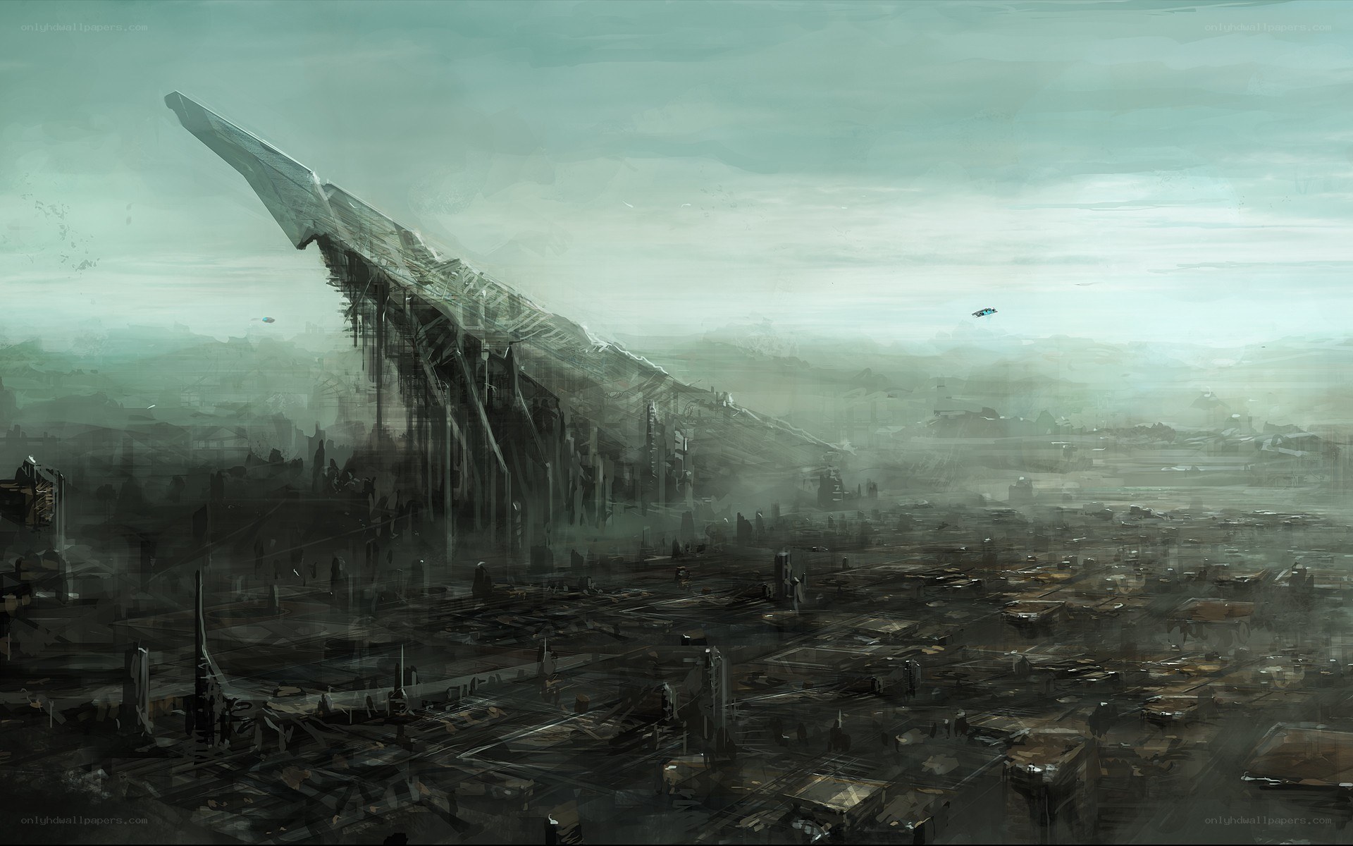 ruined city with giant structure
