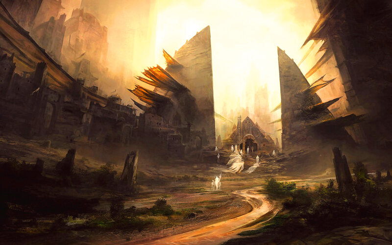 Ruined City with Glowing Figures