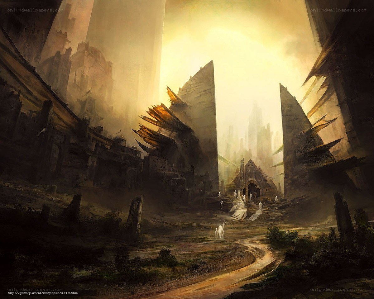 Ruined city with glowing path