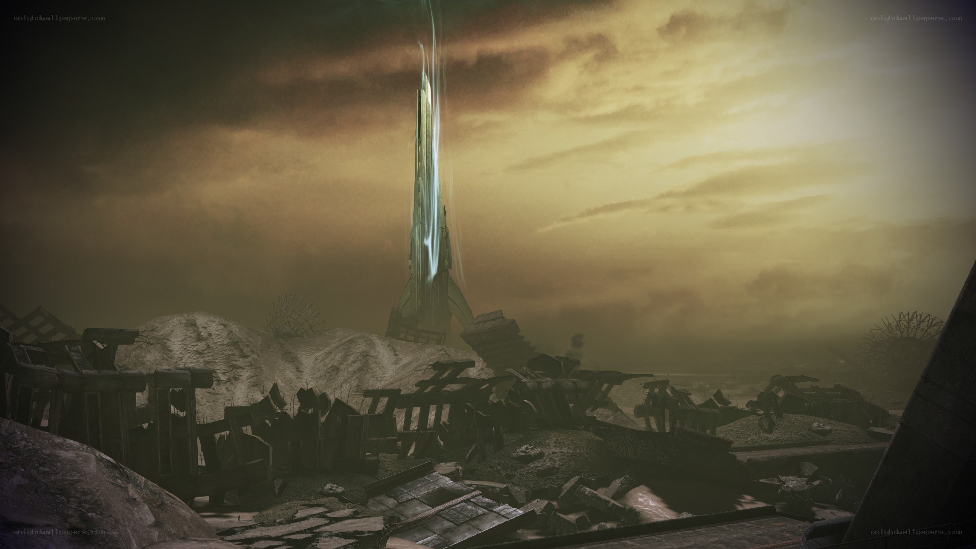 ruined city with glowing tower
