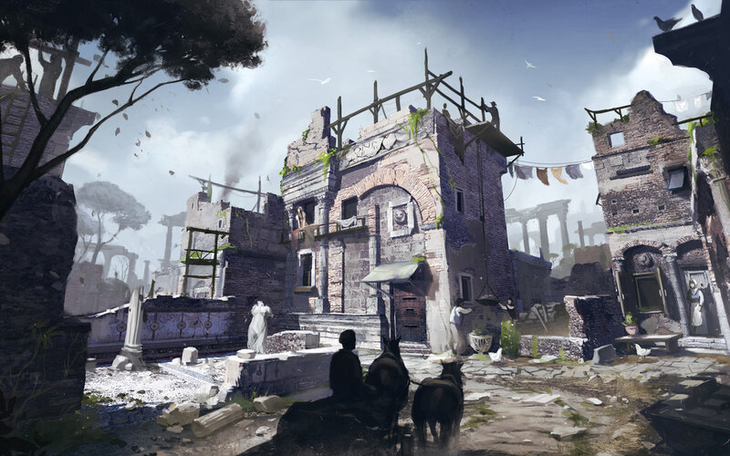 Ruined city with horse-drawn cart
