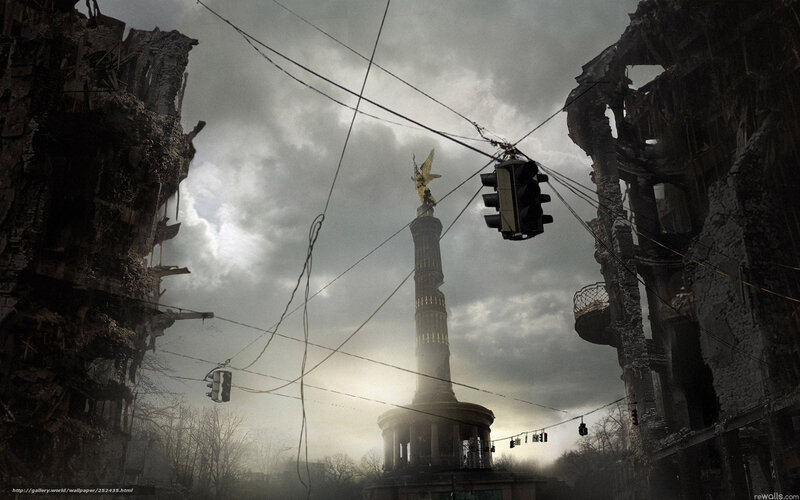 Ruined City with Monument — Gray
