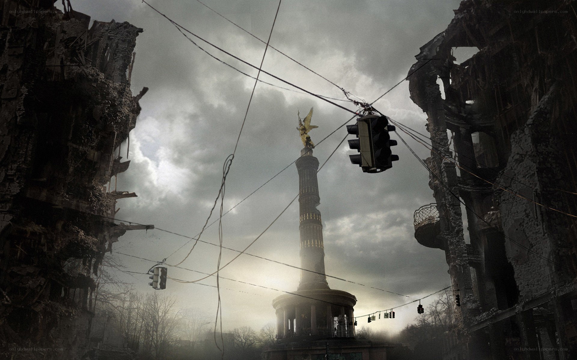 Ruined city with monument