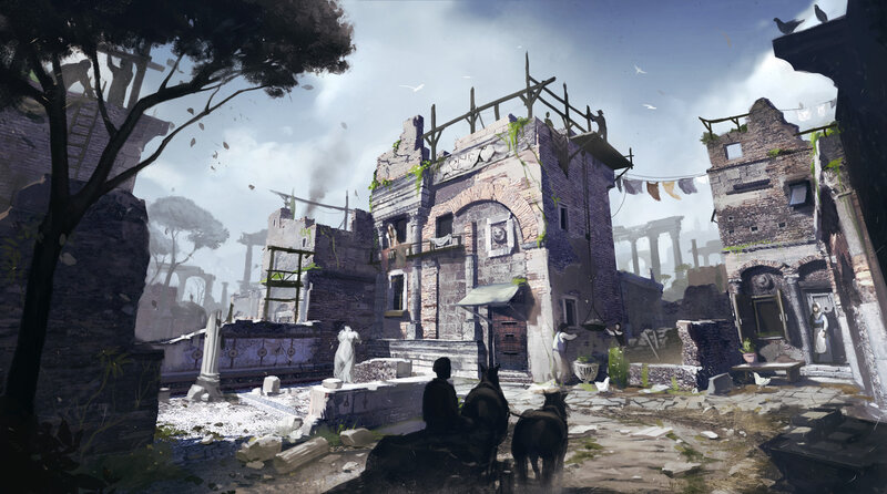ruined city with people and animals