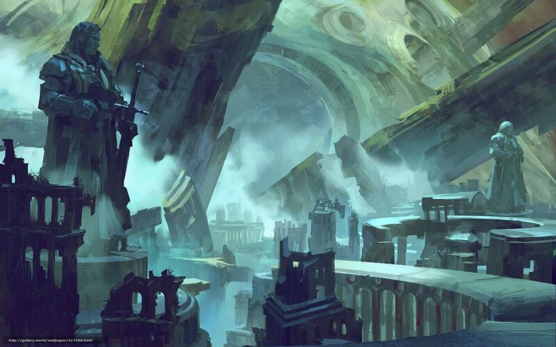 ruined city with statues
