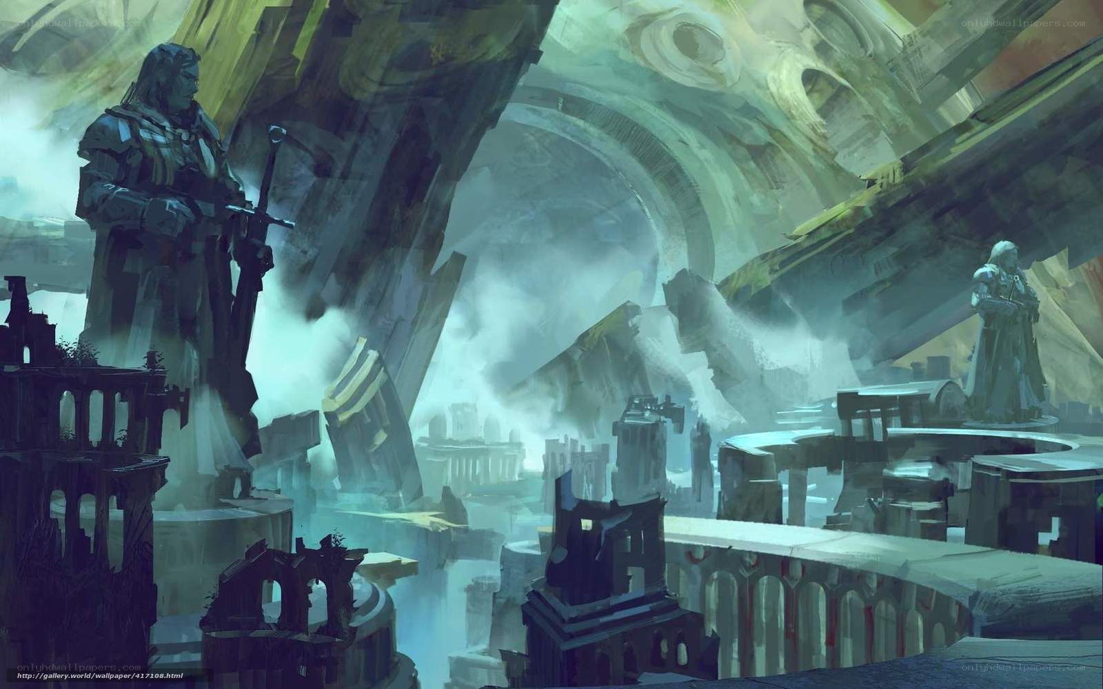 ruined city with statues
