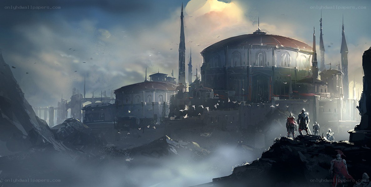 ruined city with warriors