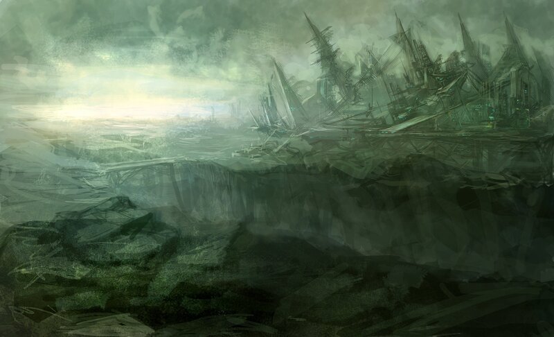 ruined cityscape at dawn
