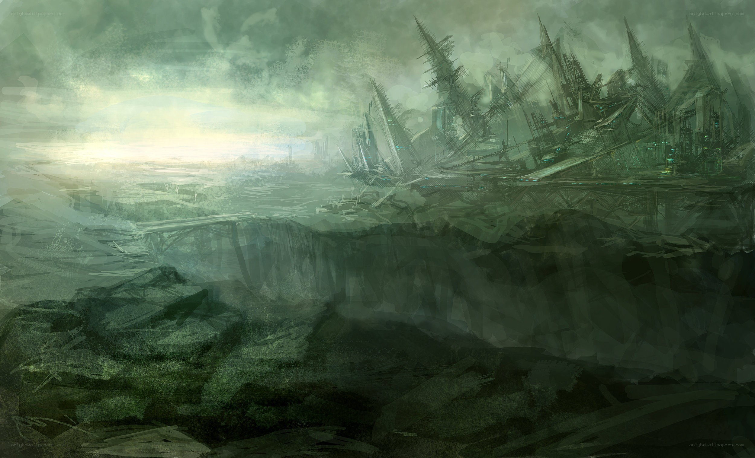 ruined cityscape at dawn