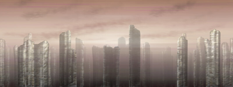 ruined cityscape at dawn