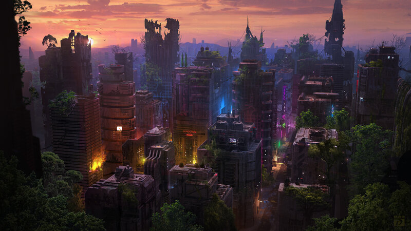 Ruined Cityscape at Dusk — Orange