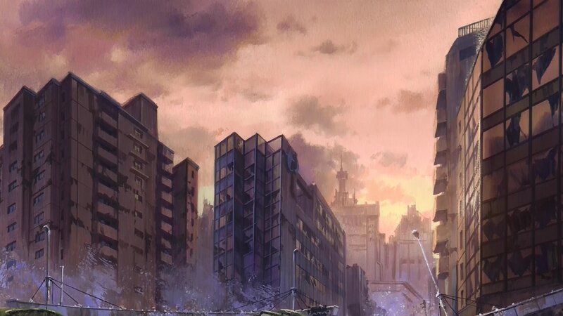 Ruined Cityscape at Dusk — Purple