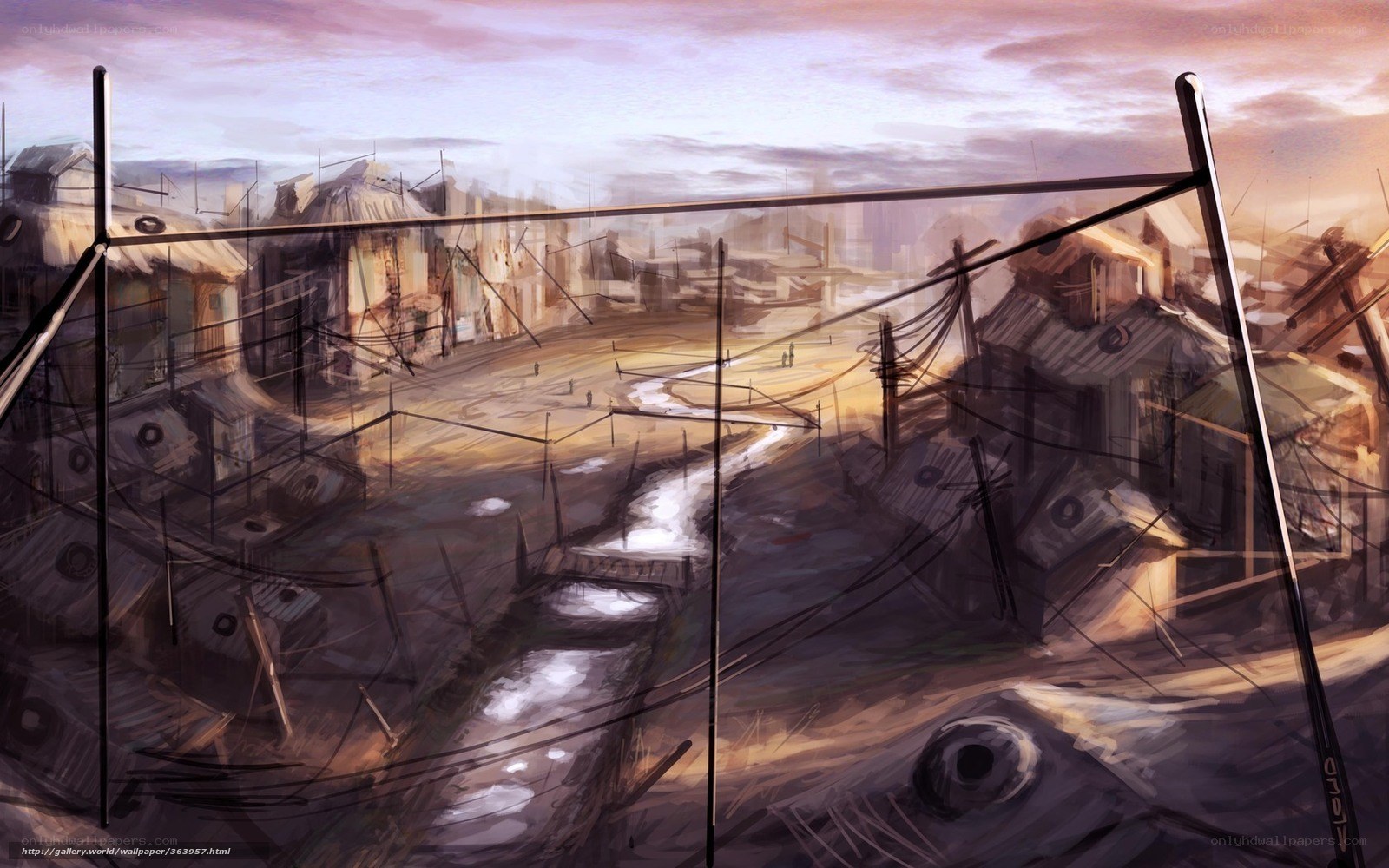 ruined cityscape at dusk