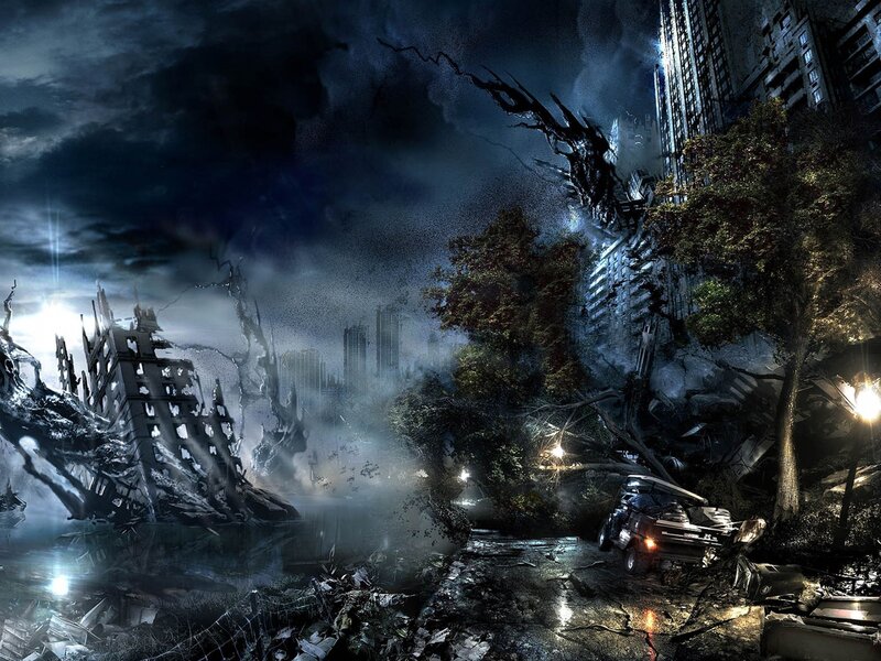 Ruined Cityscape at Night — Black