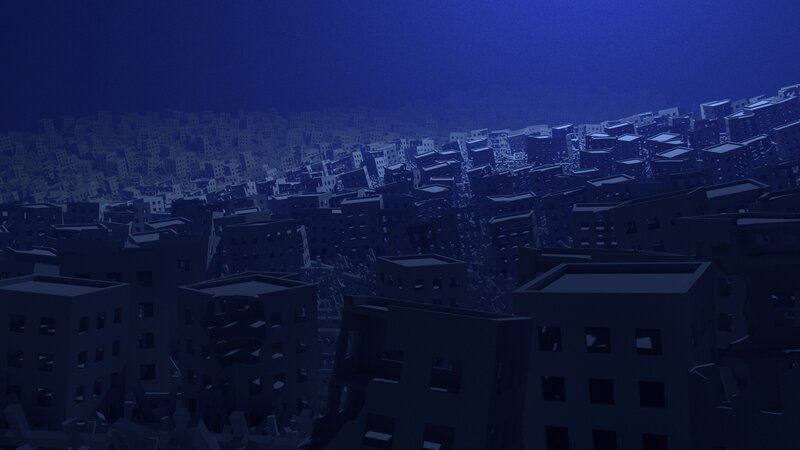 Ruined Cityscape at Night — Blue, Somber