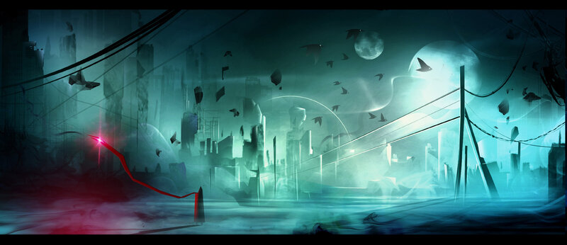Ruined Cityscape at Night — Teal