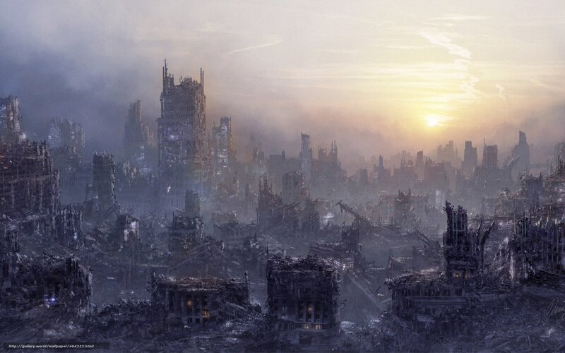 Ruined Cityscape at Sunset — Gray