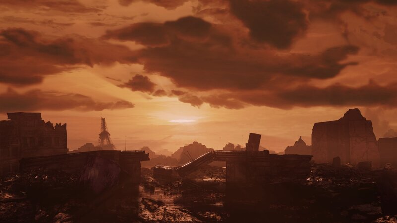 Ruined Cityscape at Sunset — Orange, Apocalyptic