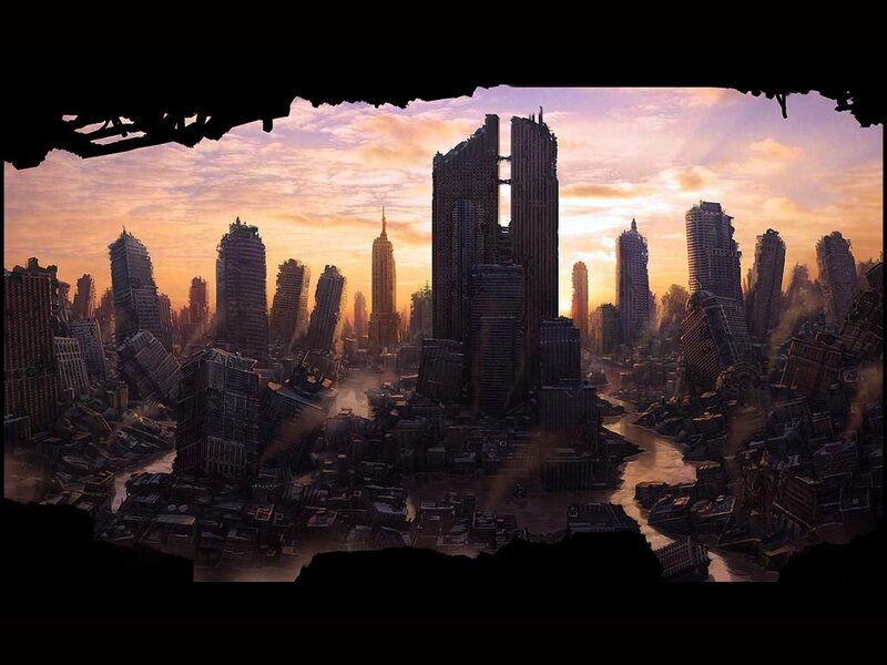 Ruined Cityscape at Sunset — Orange, Dramatic, Digital Art
