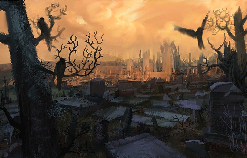 Ruined Cityscape at Sunset — Orange, Dramatic