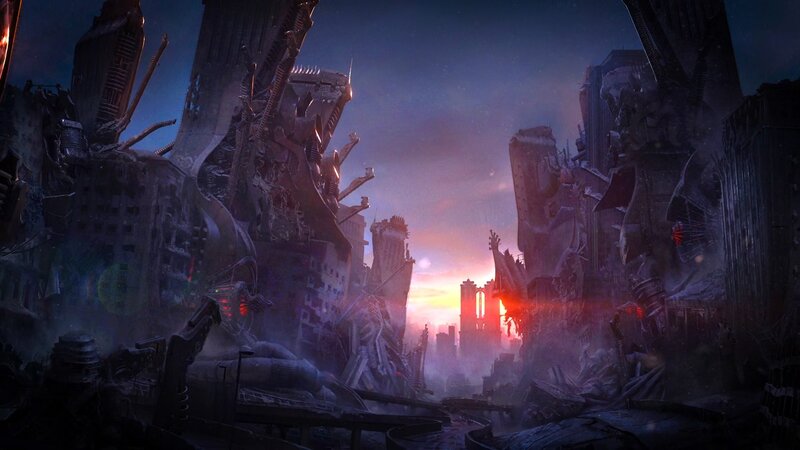 Ruined Cityscape at Sunset — Purple